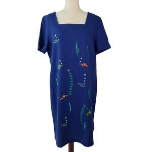 Country Concept Blue Linen Blend Embroidered   Fish Dress Short Sleeve   Large